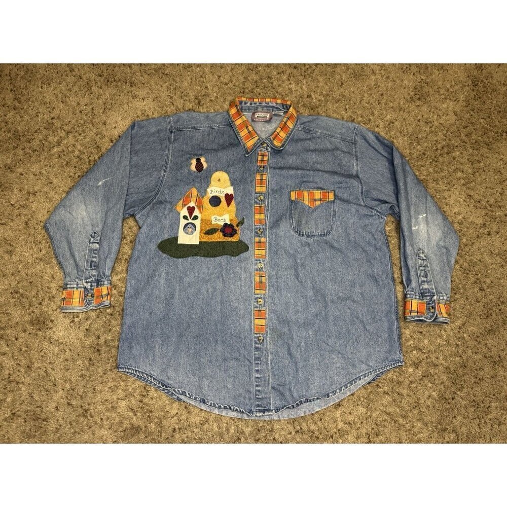 Vintage Embellish Pumpkin Patch Denim Shirt Novelty Grandma Art Teacher XL READ